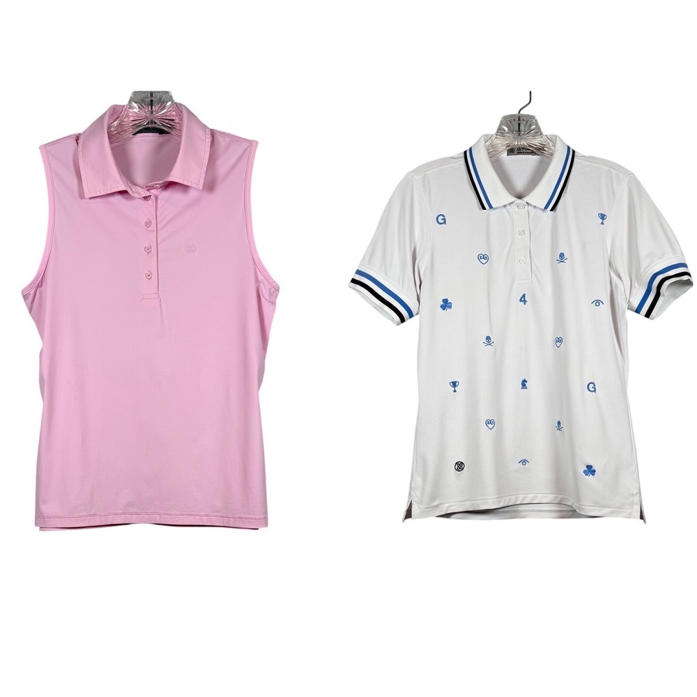 G/FORE Women's Golf Shirts, Pink Nylon Tech, White Embroidered Icon Tech, Small